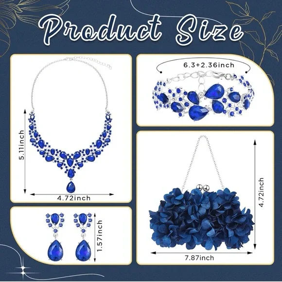 4 Pcs Flower Clutch Rhinestone Jewelry Set Clutch Necklace Earrings Bracelet - Picture 2 of 6